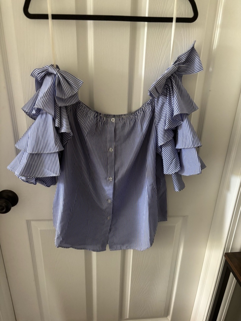 She + Sky Blue and White Striped Off-Shoulder Ruffle Sleeve Top